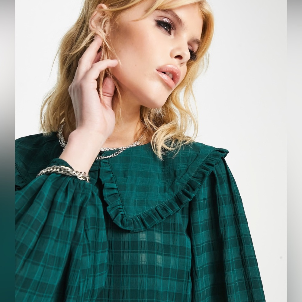 Violet Romance Green Plaid Collared Smock Tiered Mini Dress Size 8 - Picture 8 of 10